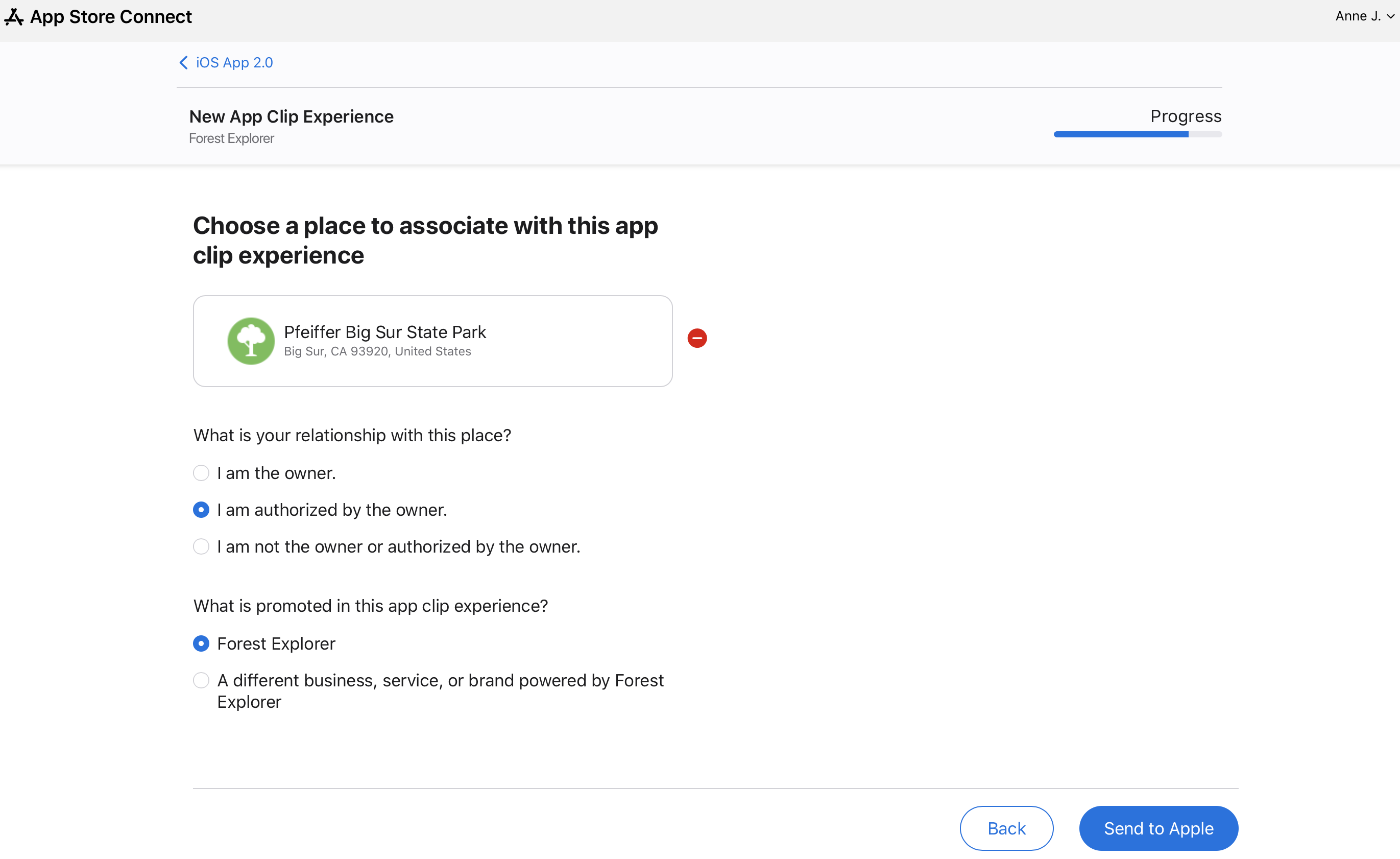 「このApp Clip体験に関連付ける場所を選択する」のスクリーンショット。