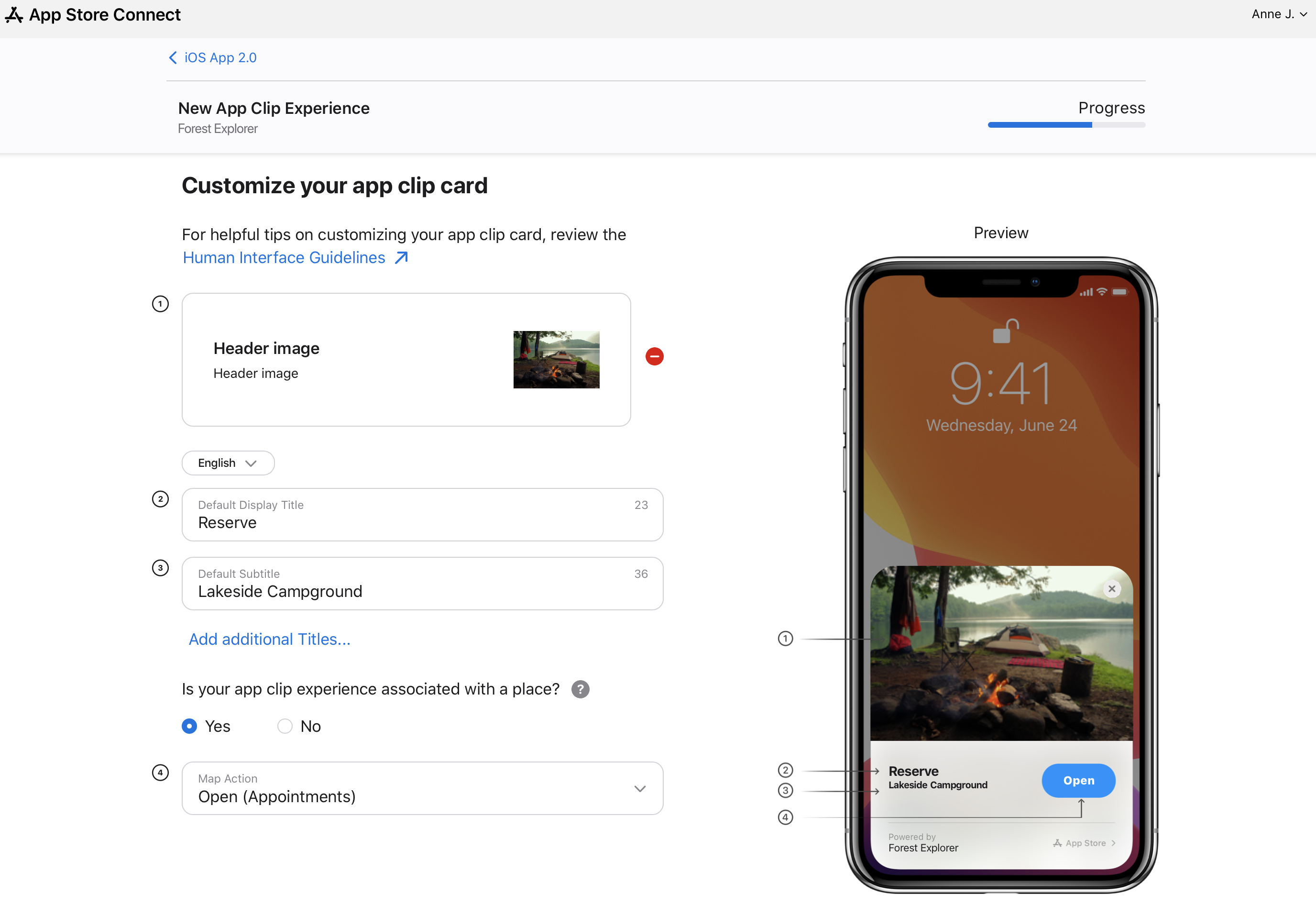 高度なApp Clip体験のメタデータ。App Clipカードをカスタマイズするためのオプションが表示されている。