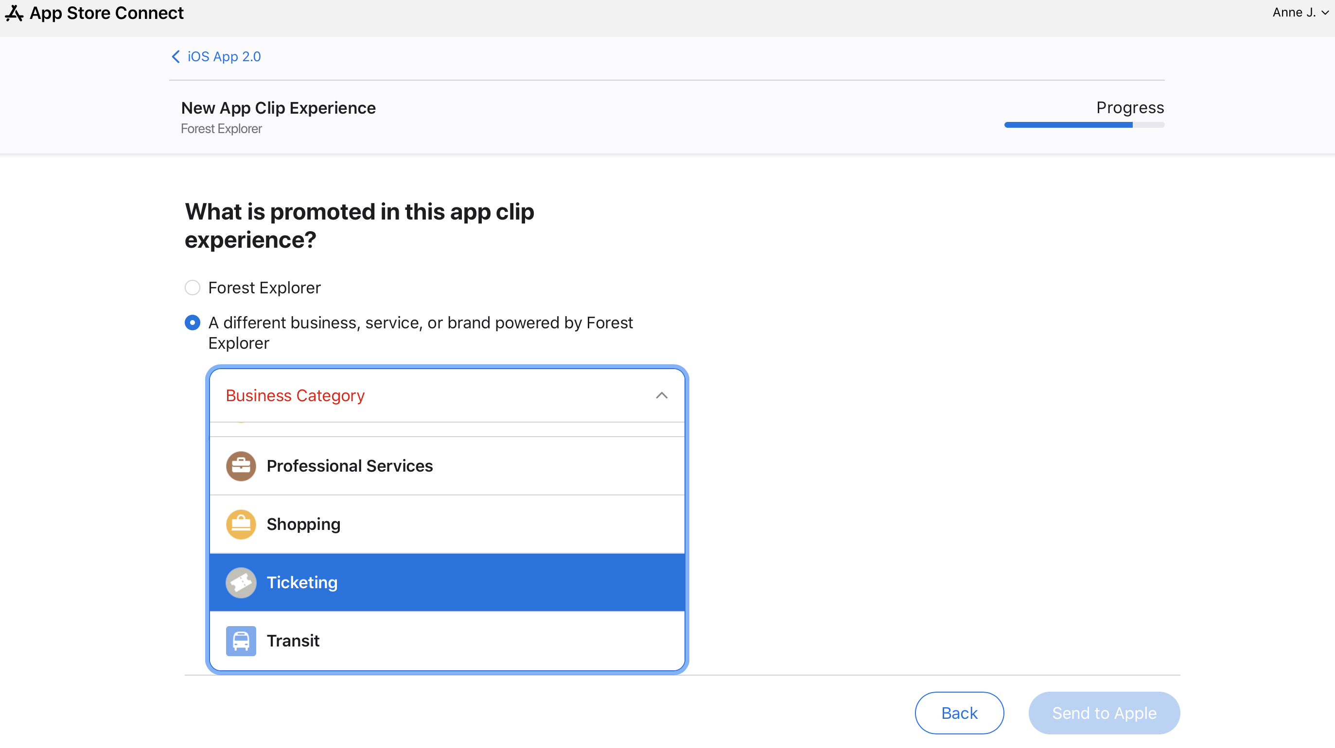 「このApp Clip体験では何が宣伝されますか？」のスクリーンショット。他のビジネスのオプションが表示されている。