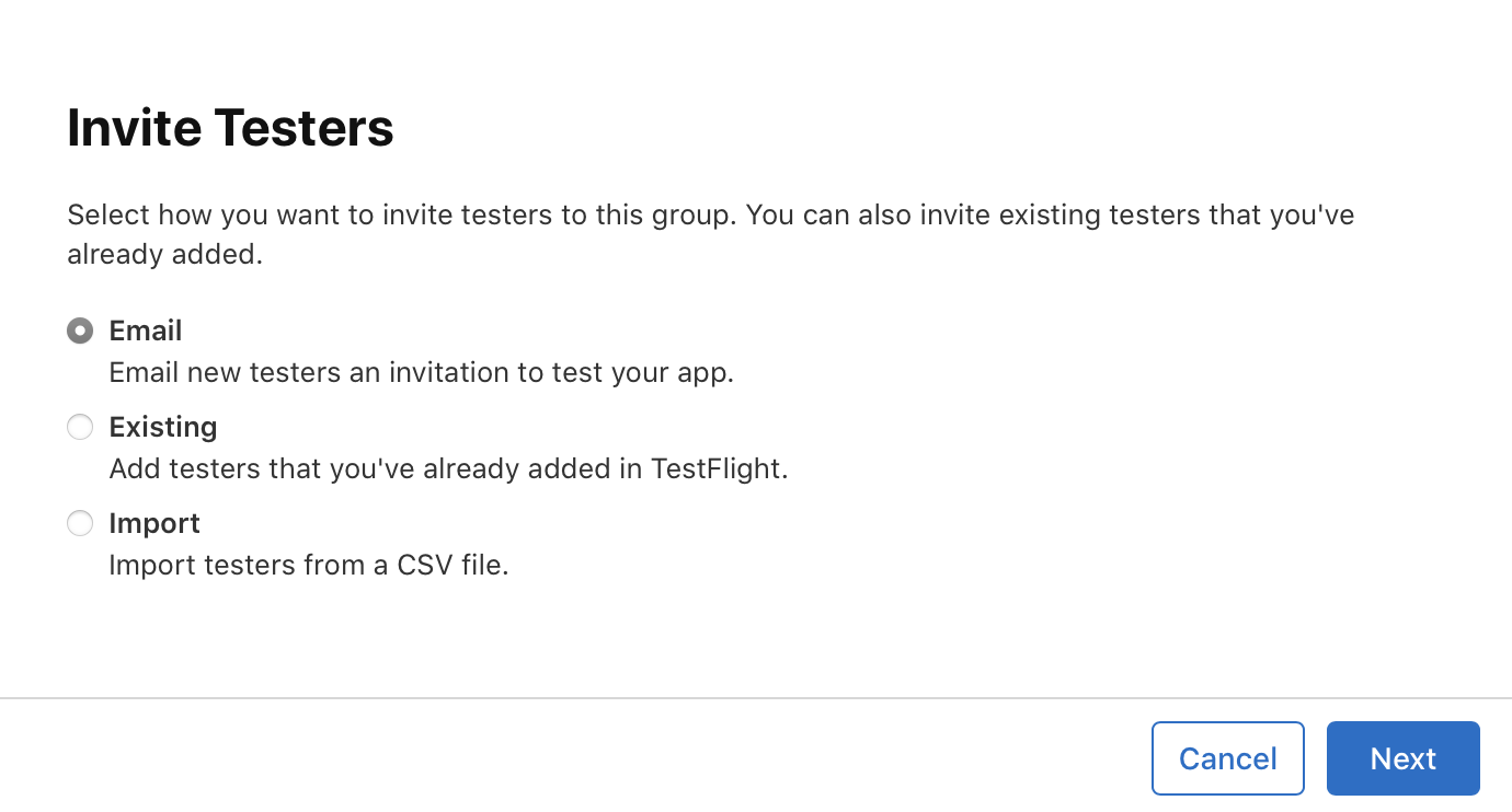 “이메일(선택됨)”, “기존”과 “가져오기”의 3가지 선택 사항이 세로로 나열된 “테스터 초대” 대화창을 보여주는 스크린샷입니다. 우측 하단에는 “취소” 및 “다음” 버튼이 위치하고 있습니다.
