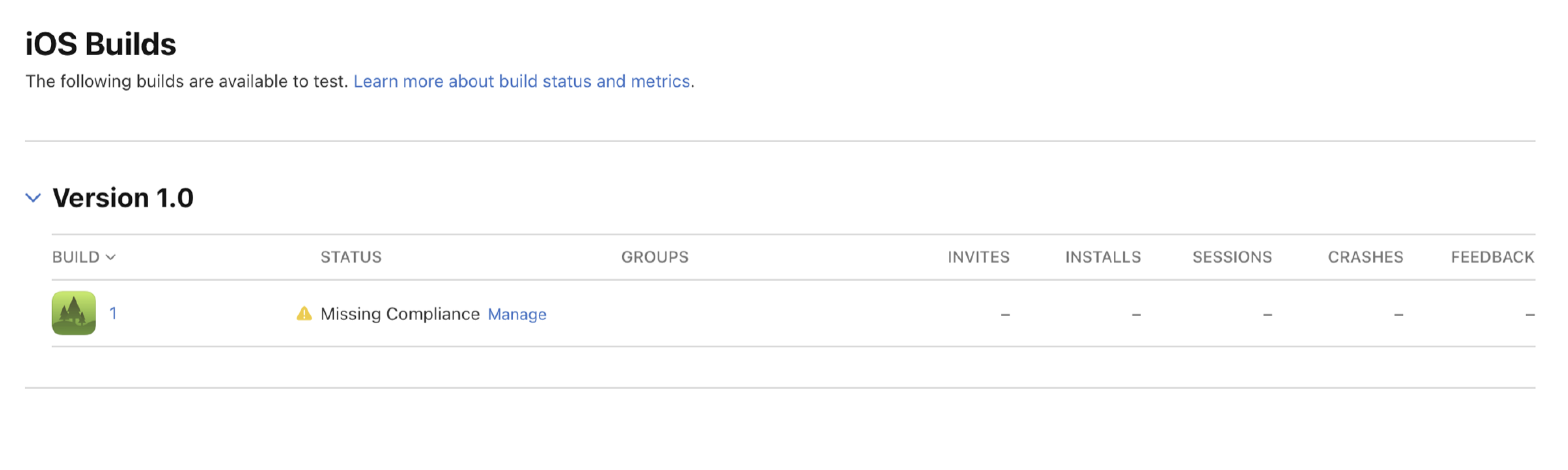 截屏显示了“iOS 构建版本”页面,其中版本 1.0 的一个构建版本状态为“缺少出口合规证明”,旁边有一个“管理”按钮。