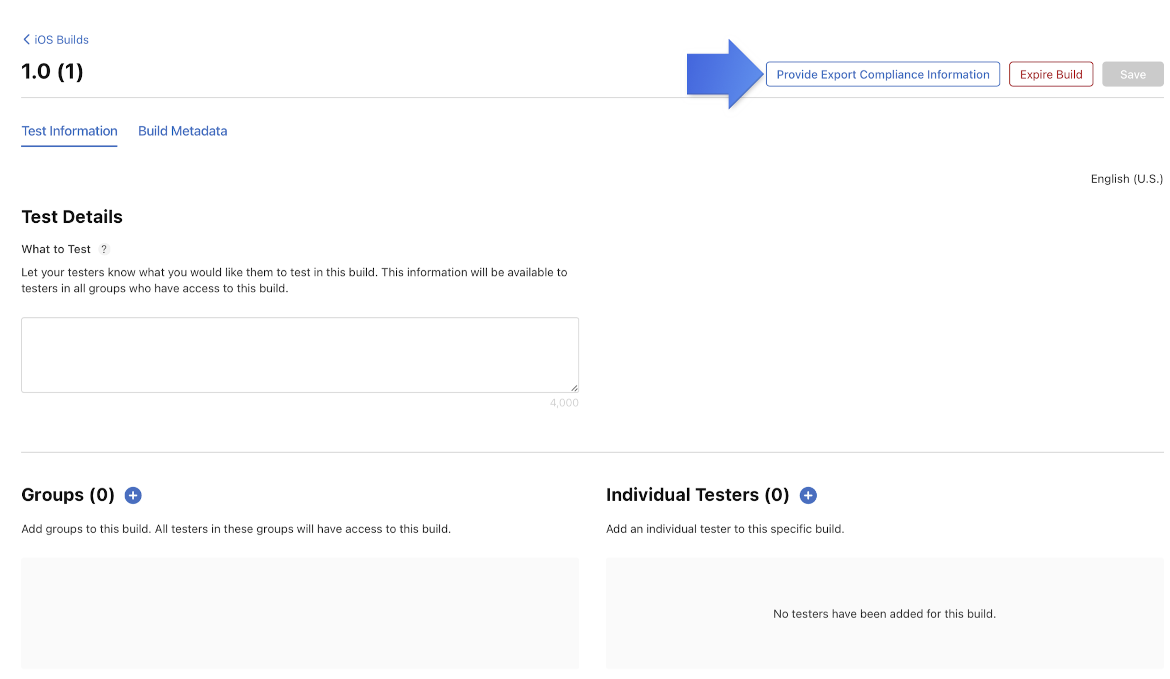 截屏显示了构建版本详情页面中的“测试信息”标签页,其中右上方有一个“提供出口合规证明信息”按钮。