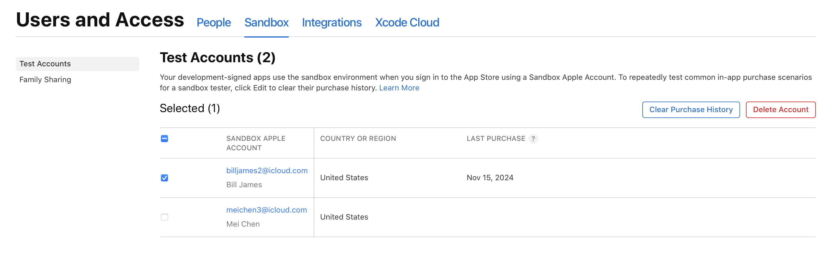 한 개의 sandbox 계정이 선택된 “테스트 계정” 페이지를 보여주는 스크린샷입니다. 우측 상단에 “구입 내역 지우기” 버튼이 위치하고 있습니다.