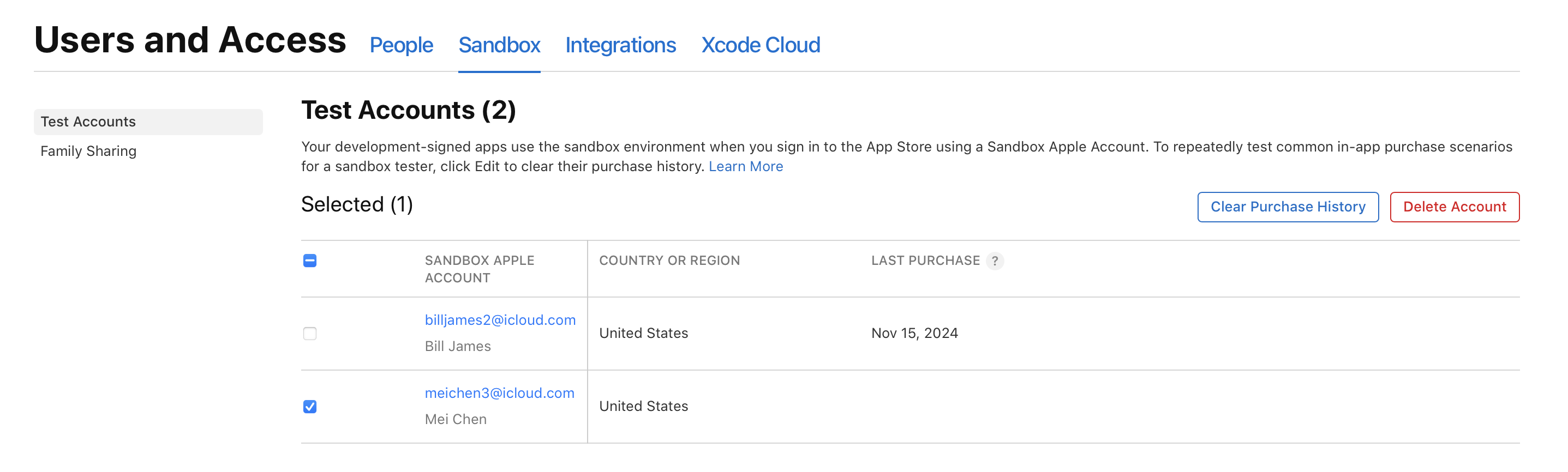 截屏为“测试账户”页面，已勾选一个沙盒账户。“删除账户”按钮位于右上角。