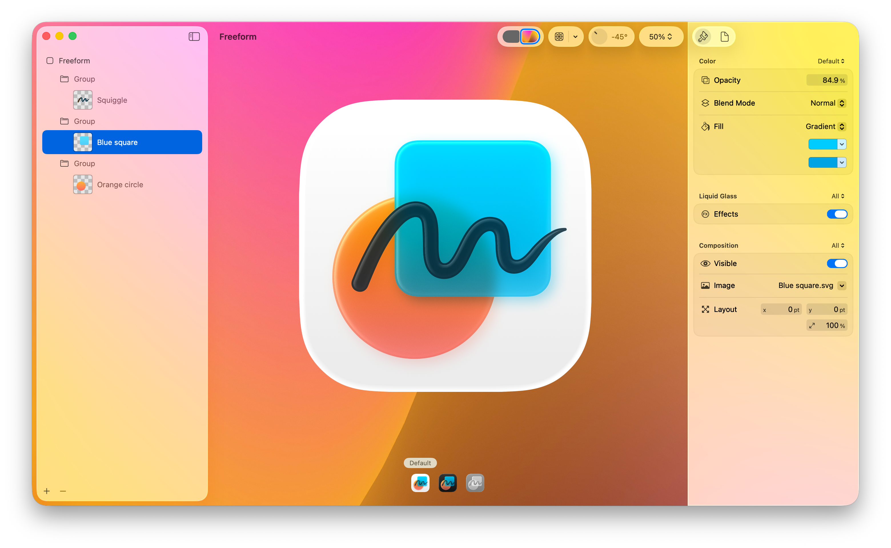 Icon Composer 인터페이스를 보여 주는 기본 테마 미리보기