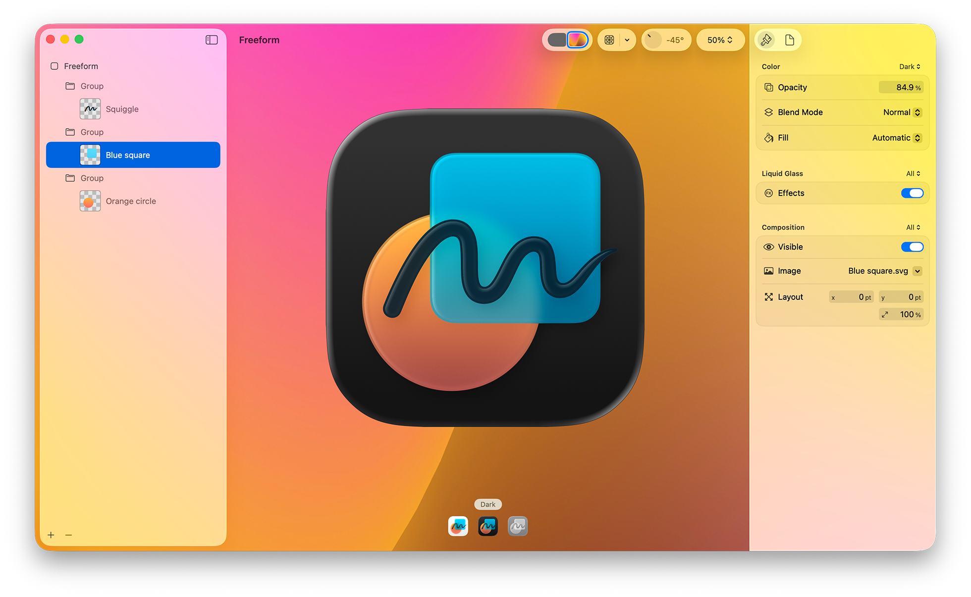 다크 스타일의 Icon Composer 인터페이스를 보여 주는 다크 테마 미리보기