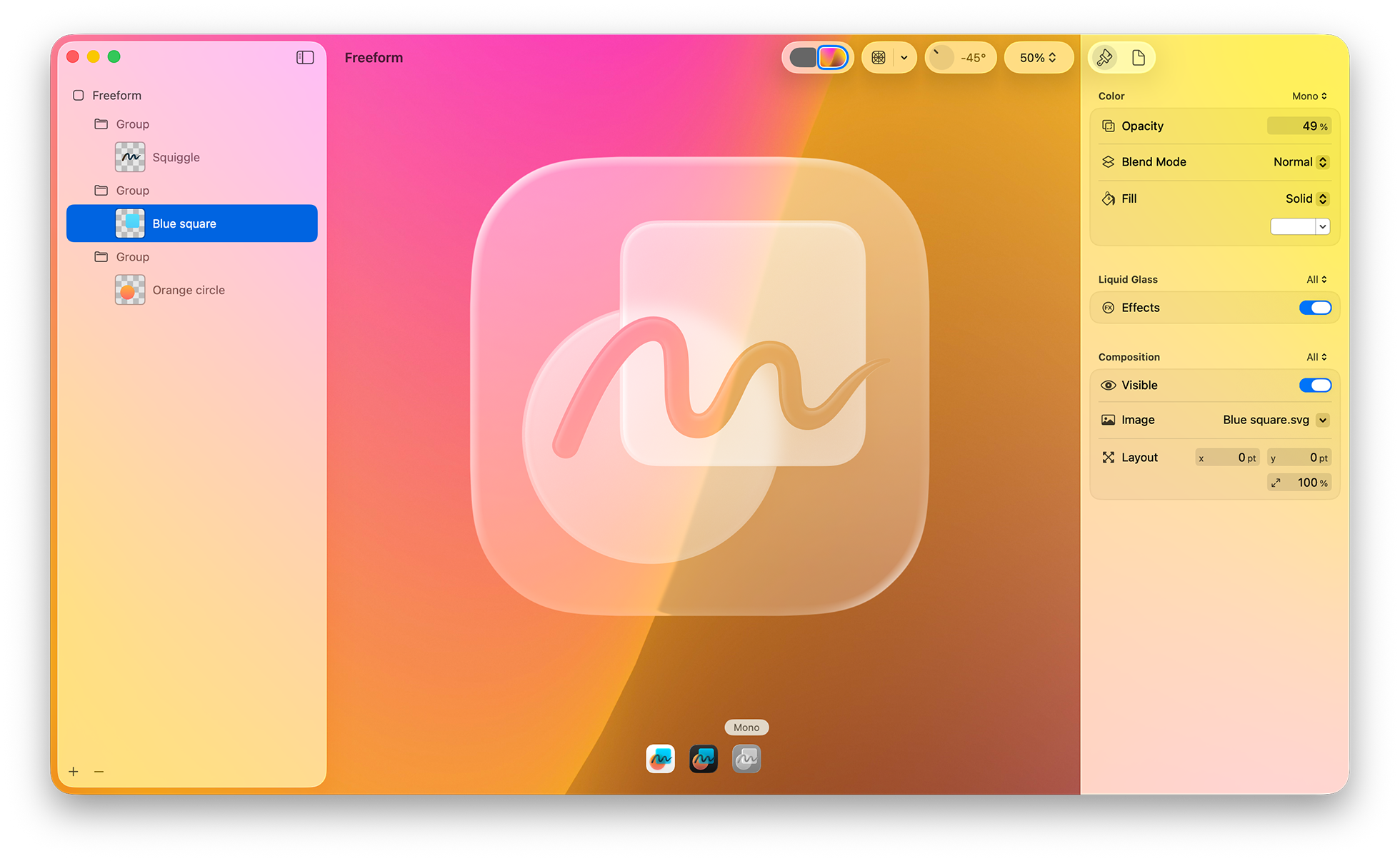 모노크롬 스타일의 Icon Composer 인터페이스를 보여 주는 모노 테마 미리보기