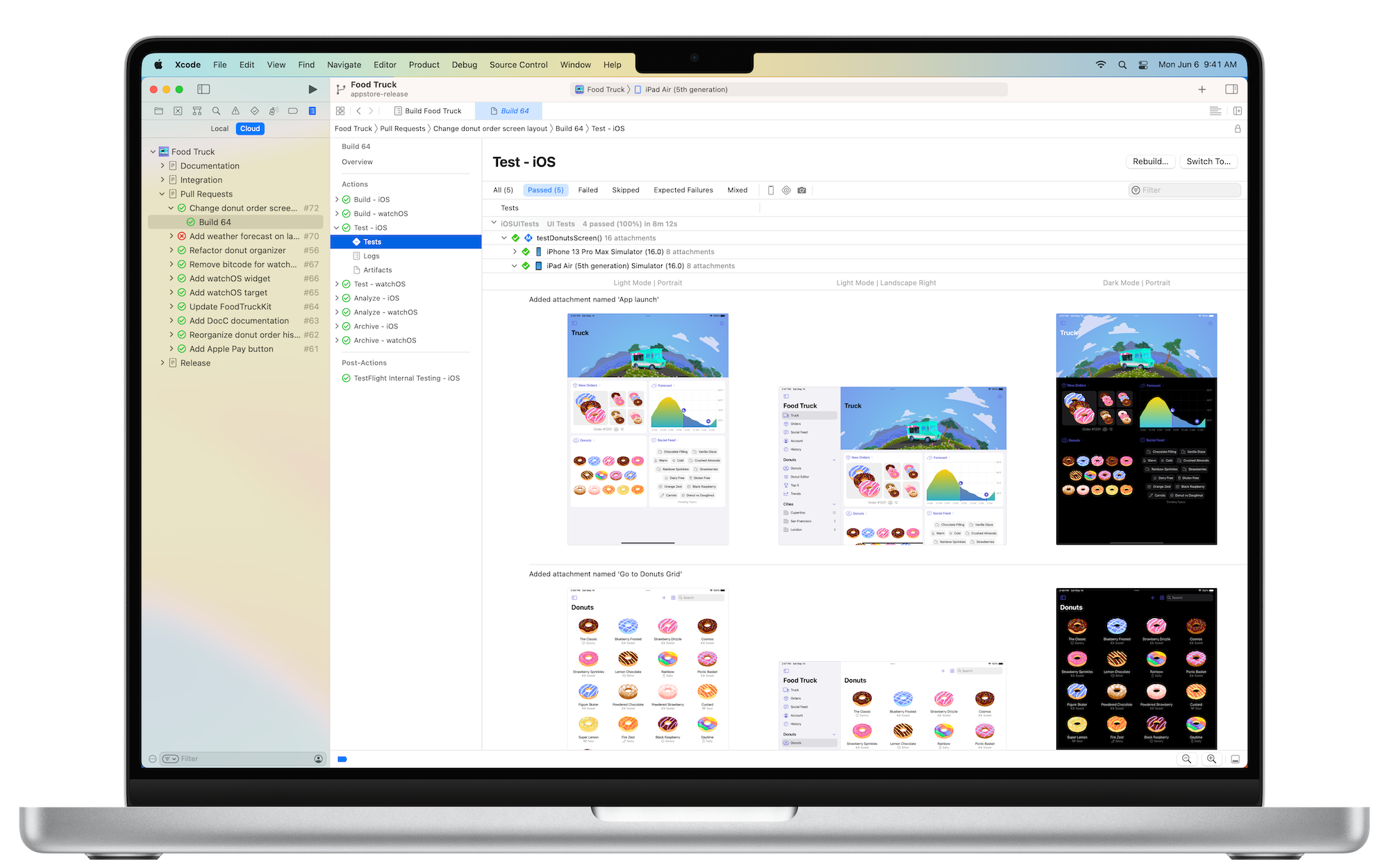 MacBook Pro 上的 Xcode 中显示了一款示例 App