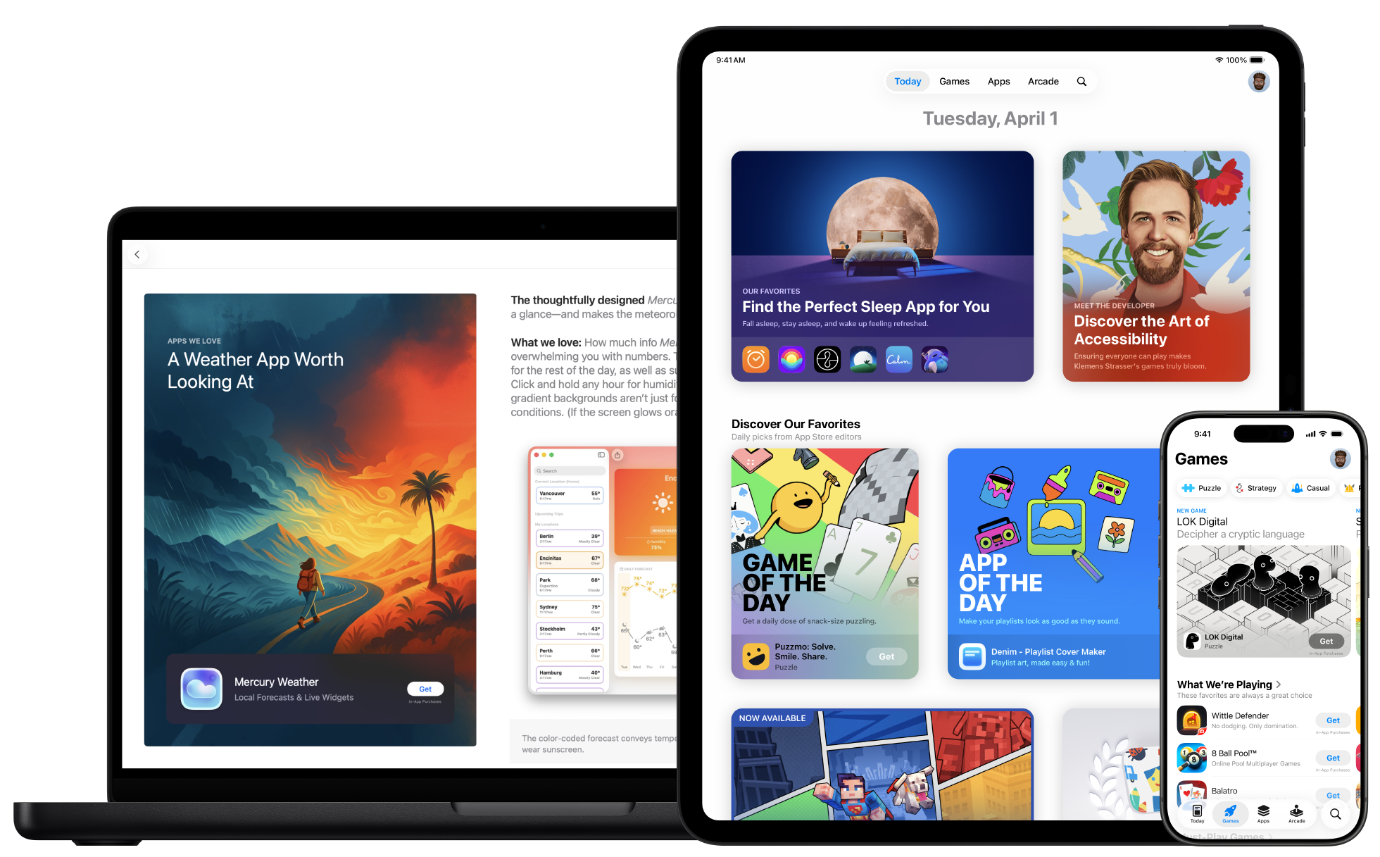 MacBook、iPad 和 iPhone 分别展示 App Store 中精选的开发者故事。
