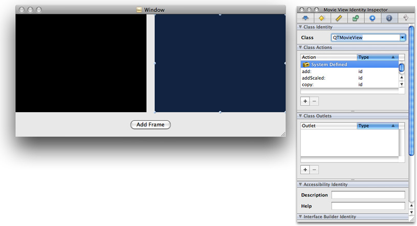 The QTMovieView object defined in the field Class