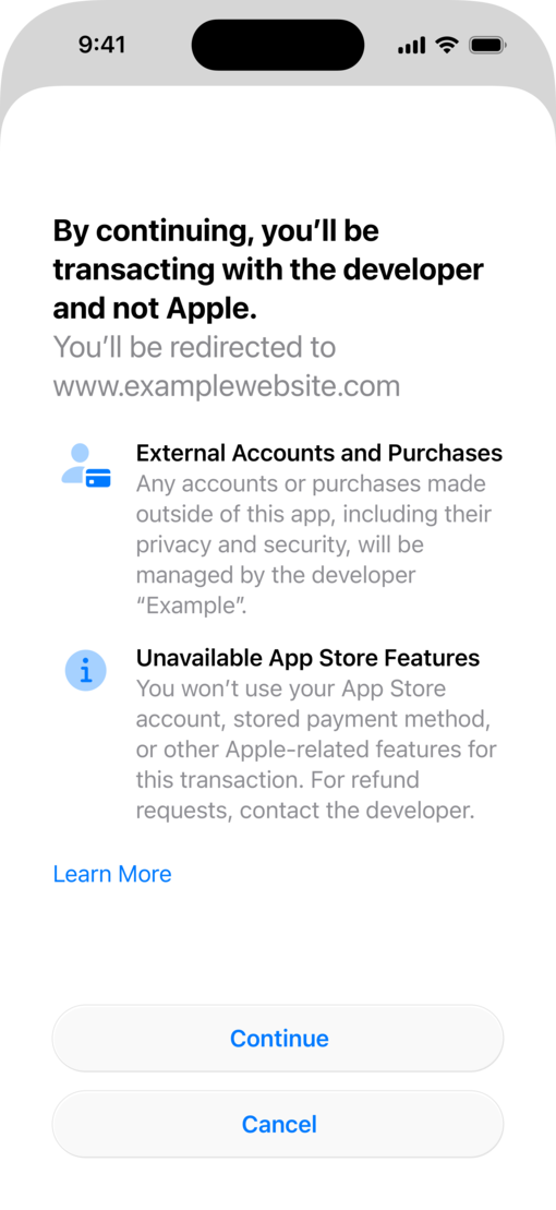외부 웹사이트 결제 처리에 대한 공개 시트가 표시된 iPhone 화면