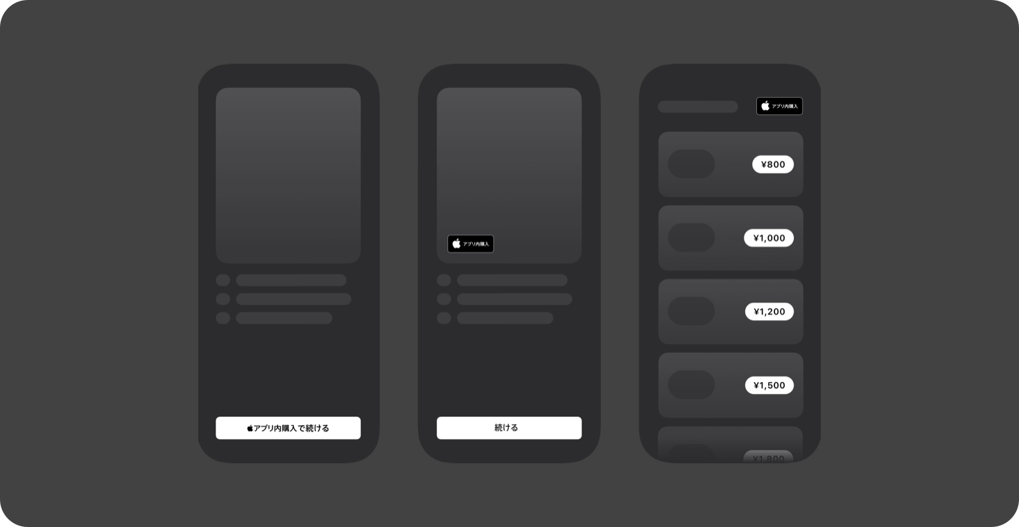 다양한 앱 인터페이스 레이아웃에서 올바른 Apple 앱 내 구입 마크 사용의 예시