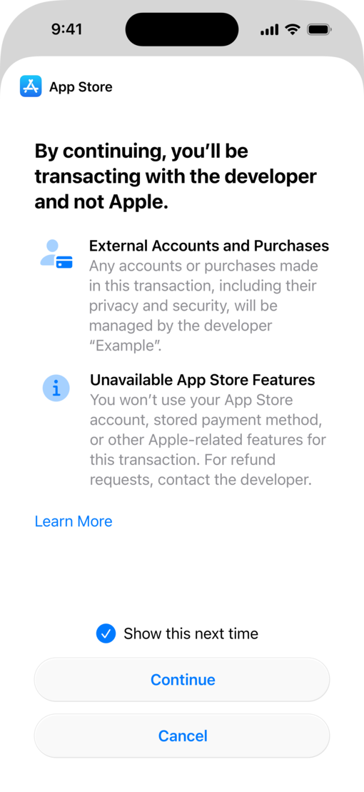 외부 앱 내 결제 처리에 대한 시스템에서 제공하는 공개 시트가 표시된 iPhone 화면