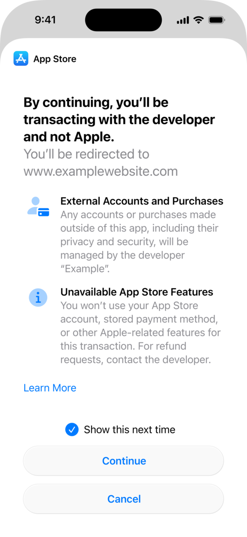 외부 웹사이트 결제 처리에 대해 시스템에서 제공하는 공개 시트가 표시된 iPhone 화면